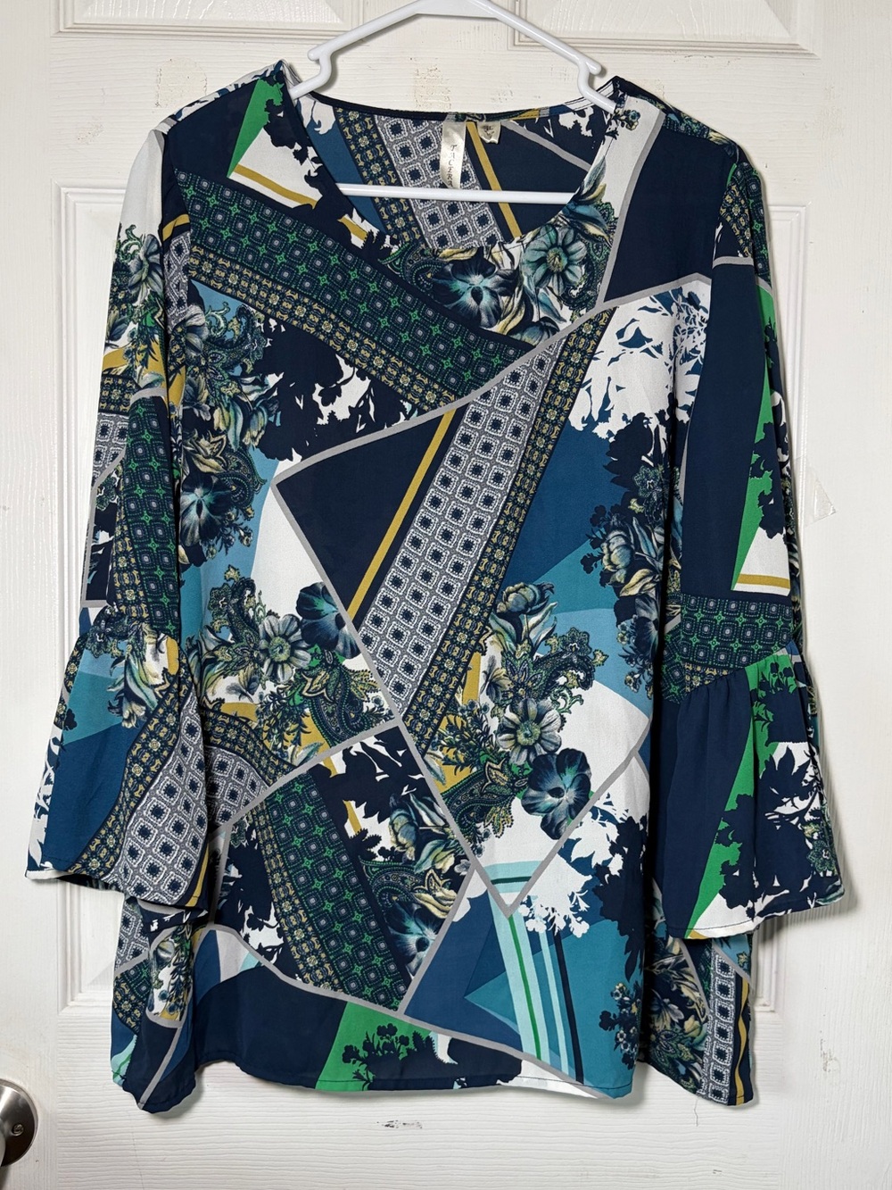 Tacera Blue Green Geometric Floral Bell-Sleeve Tunic Sz XL